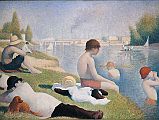 London National Gallery Top 20 19 Georges Seurat - Bathers at Asnieres Georges Seurat - Bathers at Asnieres, 1884, 201 x 300 cm. This work shows a group of young factory workers relaxing on the riverbank at Asnires, an industrial suburb west of Paris on the River Seine. Although he hadnt invented his pointillist technique yet, the artist later reworked areas of this picture using dots of contrasting colour to create a vibrant, luminous effect. For example, dots of orange and blue were added to the boy's hat.